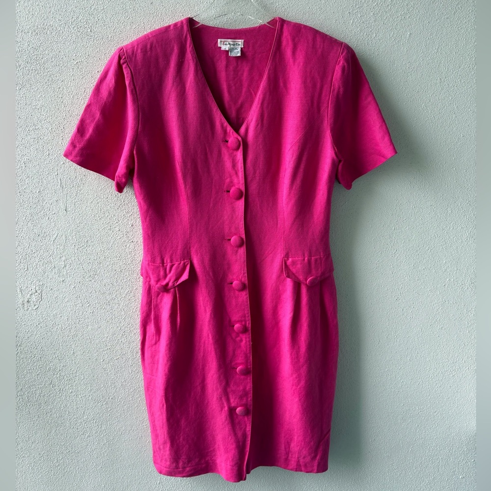 Talbots‎ Size 12 Pink Button Front V Neck Dress Linen Blend Office Church Lined